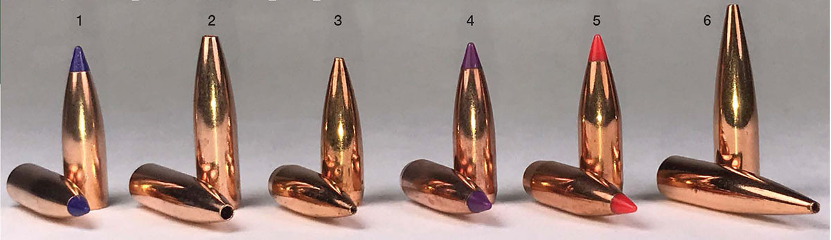 Six bullets tested in the 243 WSSM include the (1) Nosler 55-grain Ballistic Tip Lead Free, (2) Barnes 62 Varmint Grenade, (3) Berger 65 Target BT, (4) Nosler 70  Ballistic Tip, (5) Hornady 75 V-MAX and the (6) Berger 88-grain Varmint FB.